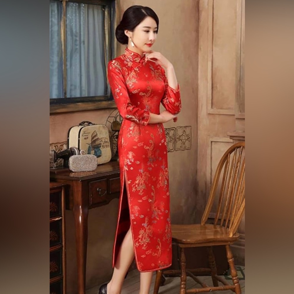 Elegant Red Floral Cheongsam Dress